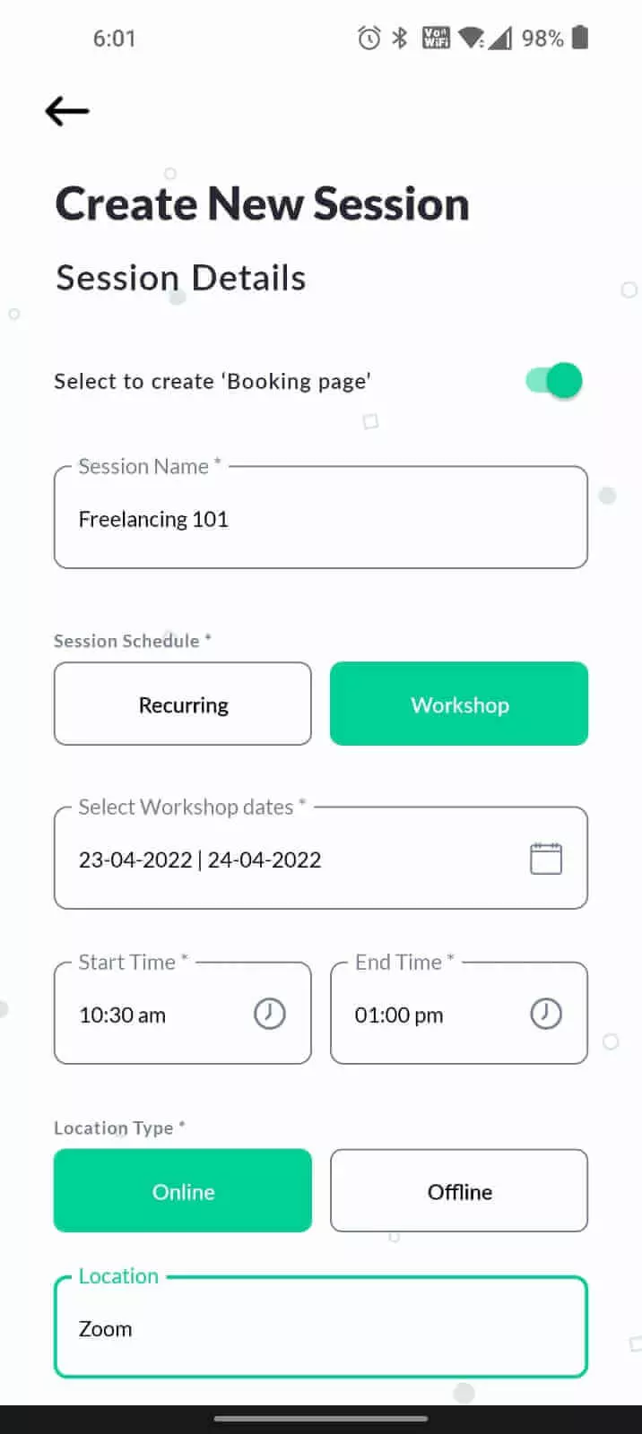 Toggle on ‘Create booking page’ & Fill in workshop details
