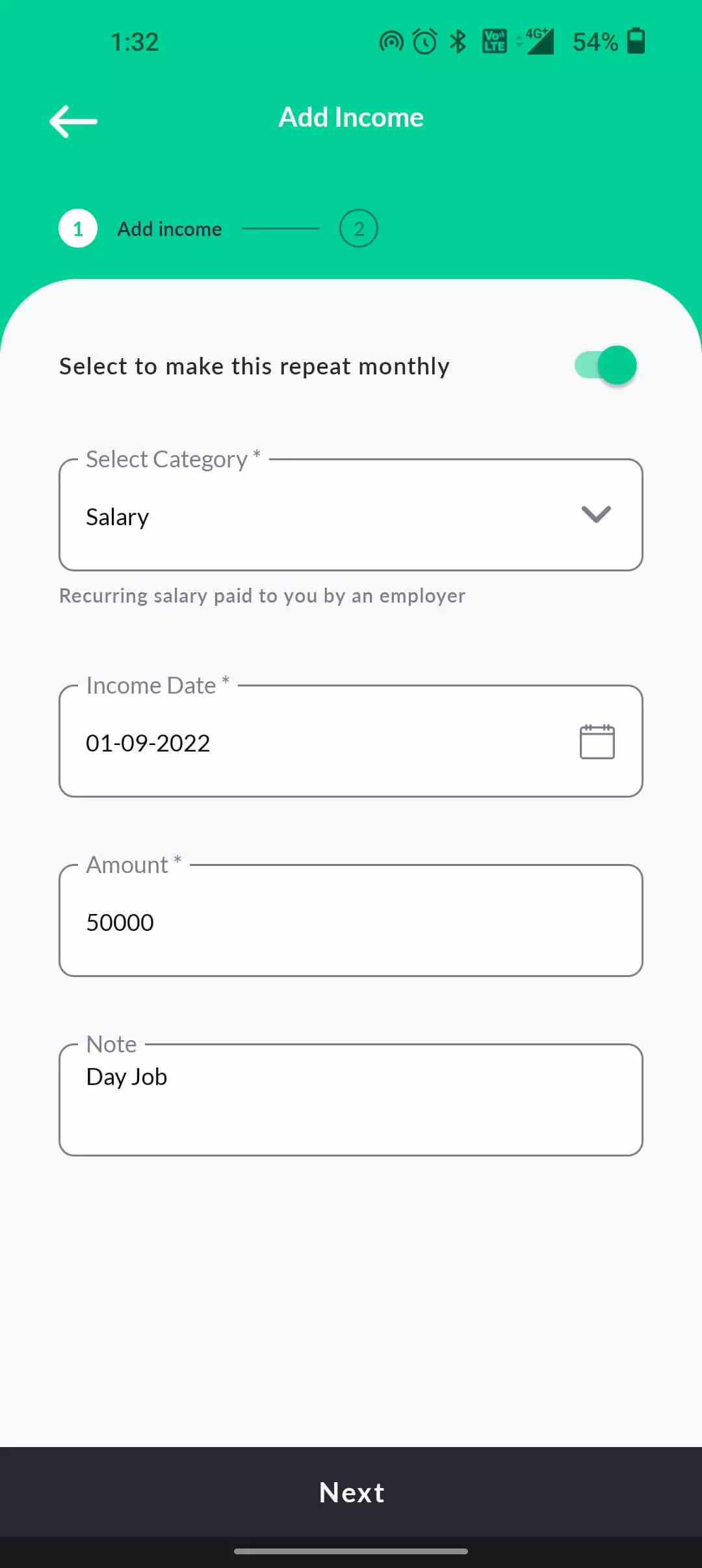Select category and fill income details
